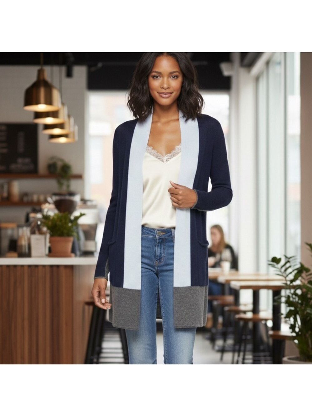 Cashmere Cashmere Blue Grey Colorblock Cardigan